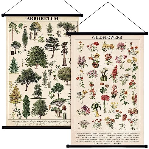 Image of Lewtemi 2 Pcs Vintage Tree Flower Poster Fungus Rustic Wildflower Wall Hanging Illustrative Reference Chart Plant Poster for Living Room Bedroom, 15.7 x 23.6 Inch