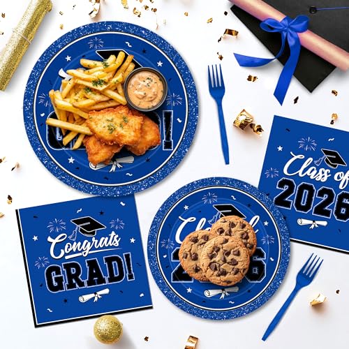 Image of 200Pcs Graduation Decorations 2026, Blue Graduation Plates and Napkins Party Supplies for 50 Guests, Disposable Grad Plates, Napkins, Dessert Plates and Forks for Grad Decor Wedding Birthday Supplies