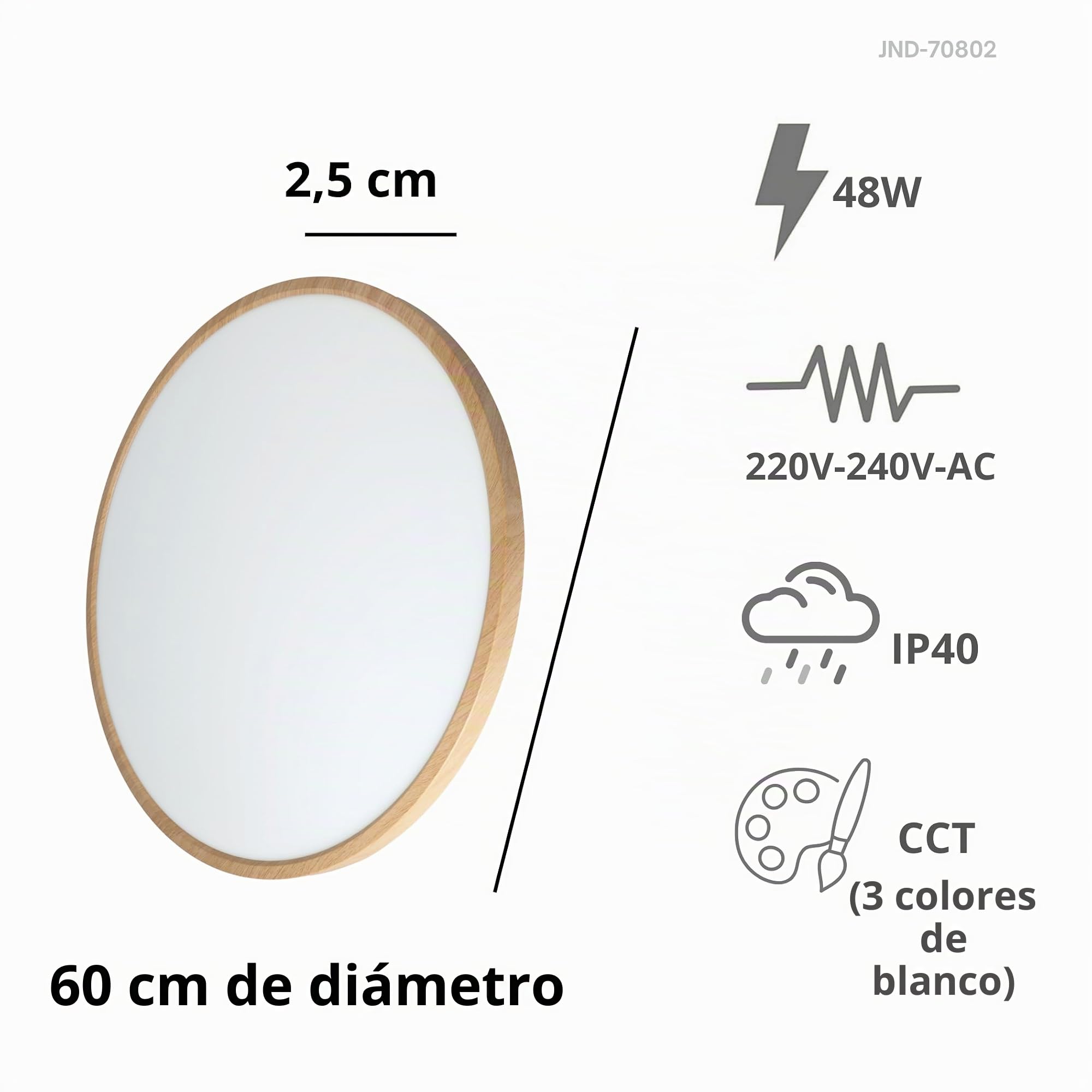 Jandei - Plafón LED 48W CCT, 60cm diámetro, acabado Madera, elegante, Lámpara Redonda. Perfecto para Casas, Salones, Dormitorios. Color blanco cálido 3000K y frío 6000K.