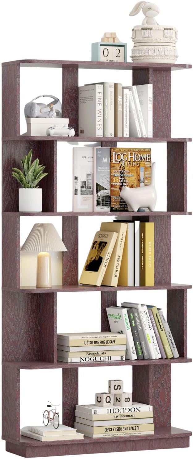 5-Tier Bookshelf, 64.56" Tall Bookcase with Sturdy 150 lbs Capacity, Decorative Display Shelving for Library & Study, Unique Ox Blood Red