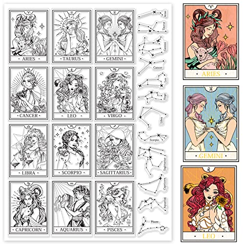 INFUNLY Constellations Clear Stamps 12 Goddesses Silicone Stamp Aries Leo Rubber Stamps Transparent Clear Stamp for Card Making for DIY Diary Scrapbooking Embossing Photo Album Decorative