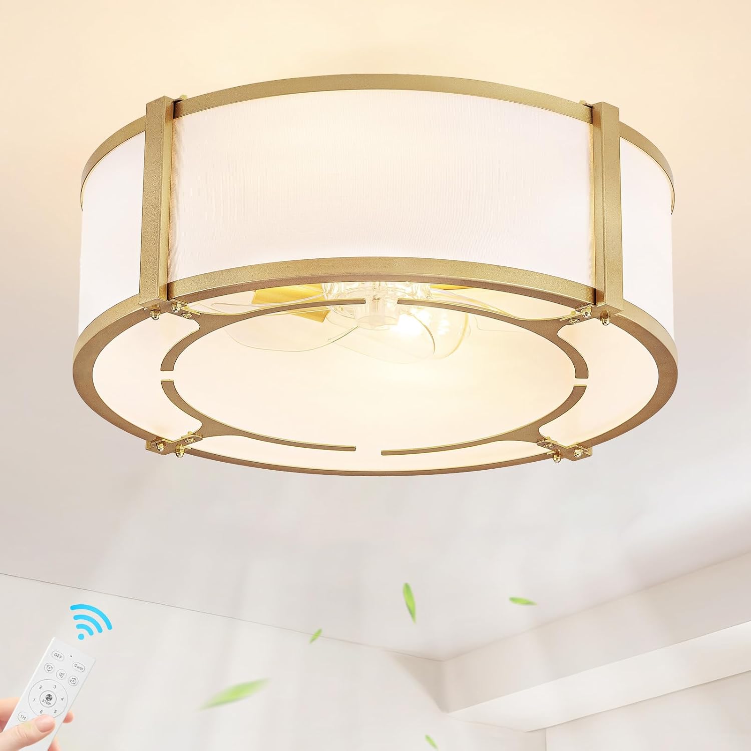 Flush Mount Caged Ceiling Fan with Light and Remote, Boho Gold Drum Fandelier with White Fabric Shade, Modern Low Profile 6-Speed Bladeless Ceiling Fans with Lights for Bedroom, Nursery, Living Room