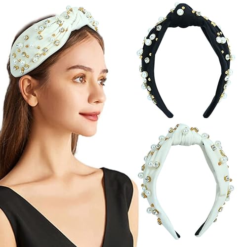 Miniatura 2 de Paquete de 2 diademas anudadas de cristal con diamantes de imitación, accesorios para el cabello de lujo con lazo nacarado, para vacaciones,