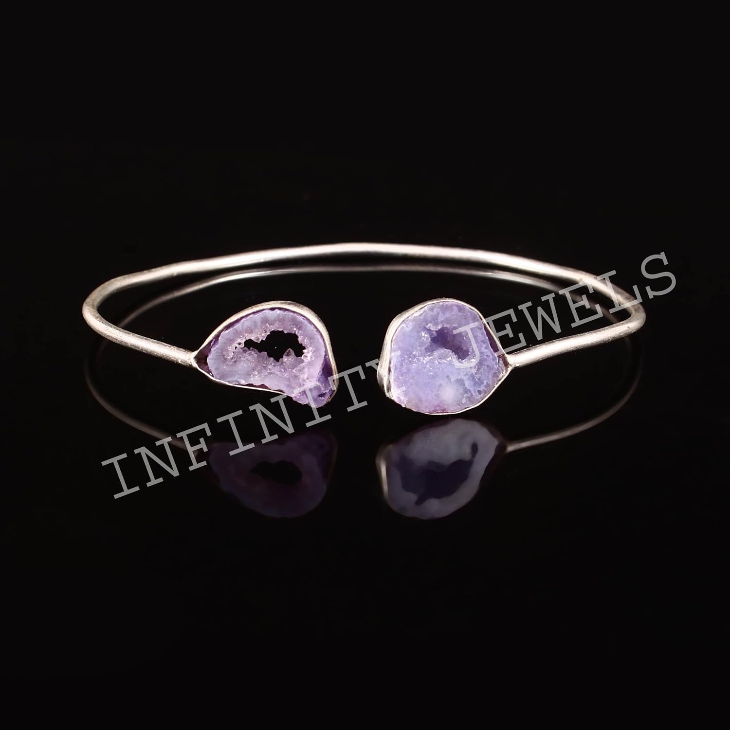 925 Sterling Silver Natural Purple Slice Agate Druzy Adjustable Bangle Bracelet Jewelry