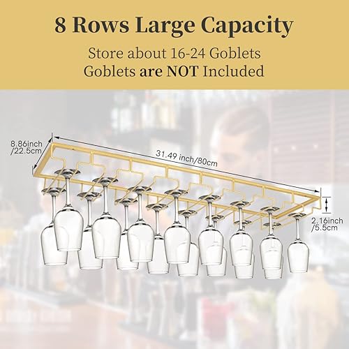 Miniatura 5 de Xverycan Estante para copas de vino debajo del gabinete, colgador de copas de 8 filas extremadamente grande, soporte de metal para copas de vino,