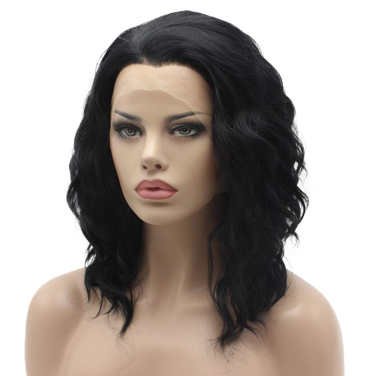 Lushy Hair Synthetic Lace Front Wig Short 14inch Wavy Black Wig Full Density Realistic Wig