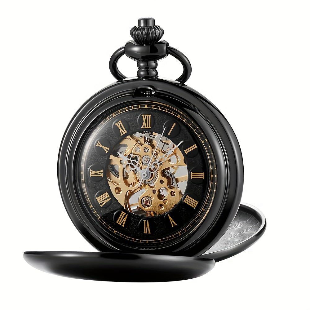 Reloj de Bolsillo mecánico clásico Doble Cara con Cuerda Manual y Superficie Lisa números Romanos ahuecados for Hombres Mujeres(Black)