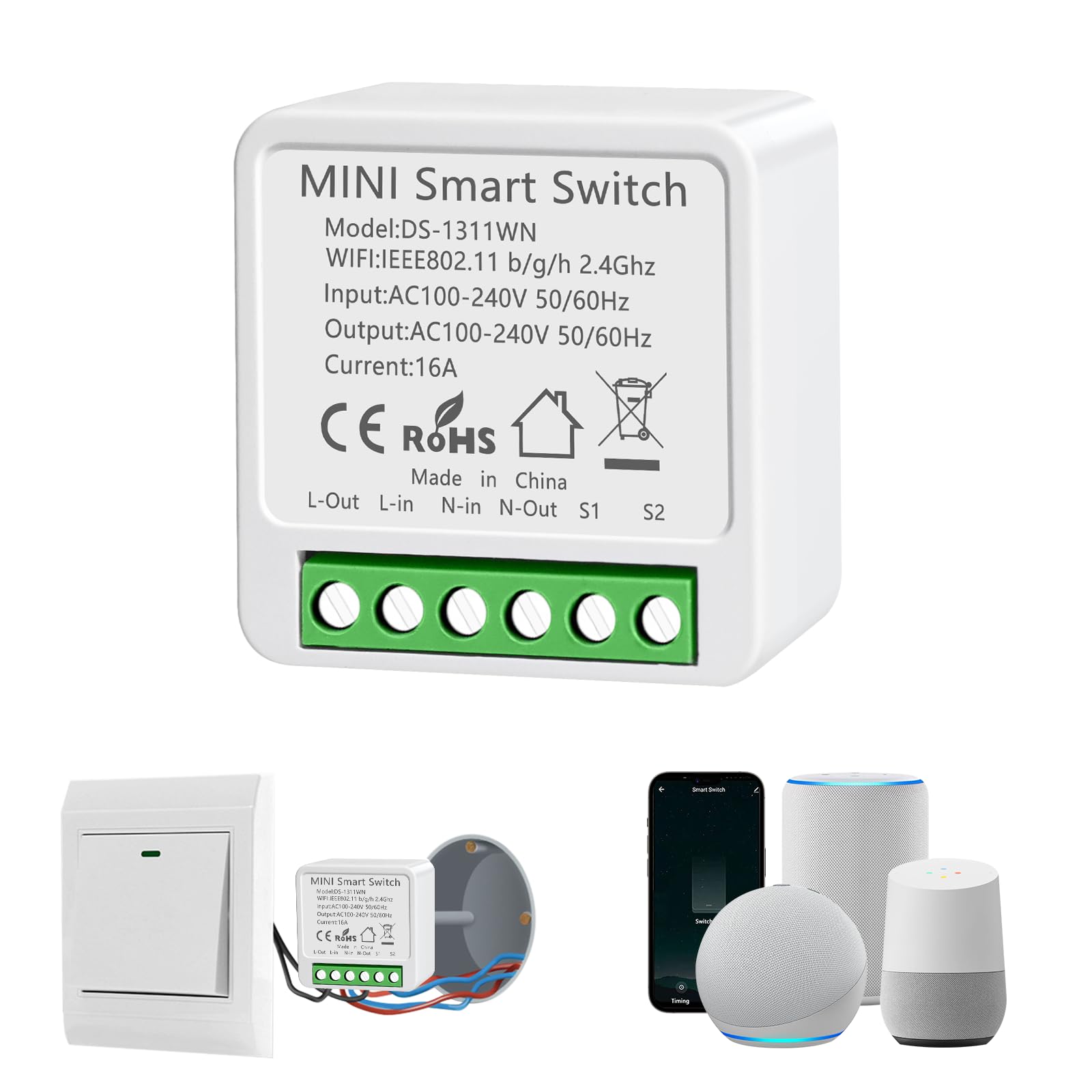 Interruptor WiFi Smart Life, 16A Relé Interruptor Inteligente Wi-Fi & Bluetooth, 2.4g Smart Light Switch Compatible con Asistente de Voz y Tuya, Smart Switch Alexa, Requiere Cable Neutro