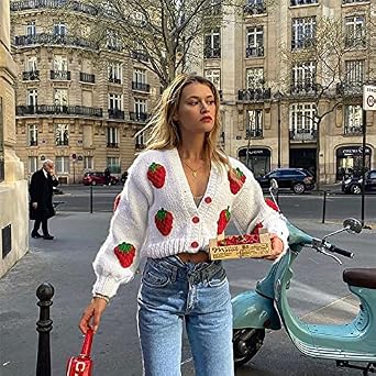 Kawaii Strawberry Cardigan Soft Girl Crochet Knit Sweater Y2K Aesthetic Cute Cropped Pullover Harajuku Clothes