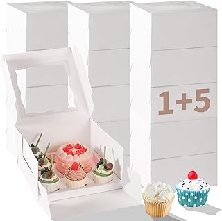 Bento Cake Box With Cupcakes, Clear Window 6 Holes Bento Combination,12 Sets: Cookie Boxes Fit 5 Regular Cupcake and Mini Cakes, Christmas Wedding Birthday Party (White/clear, 1+5/12pcs)
