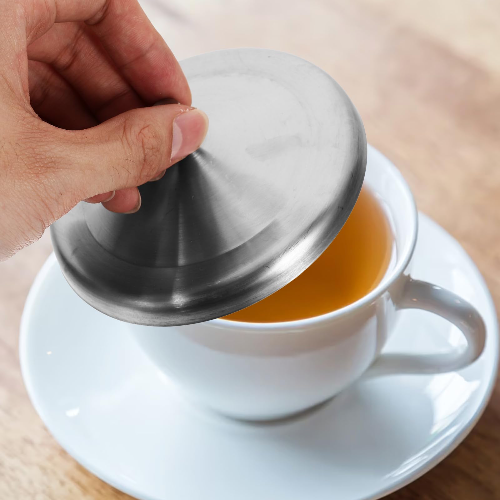 YARNOW 2 stuks bekerdeksels, herbruikbaar, roestvrij staal, 10 cm diameter, stofdicht, universeel voor koffie, keramische bekers, koffiekopjes, thee, bierpul wijnglas, zilver