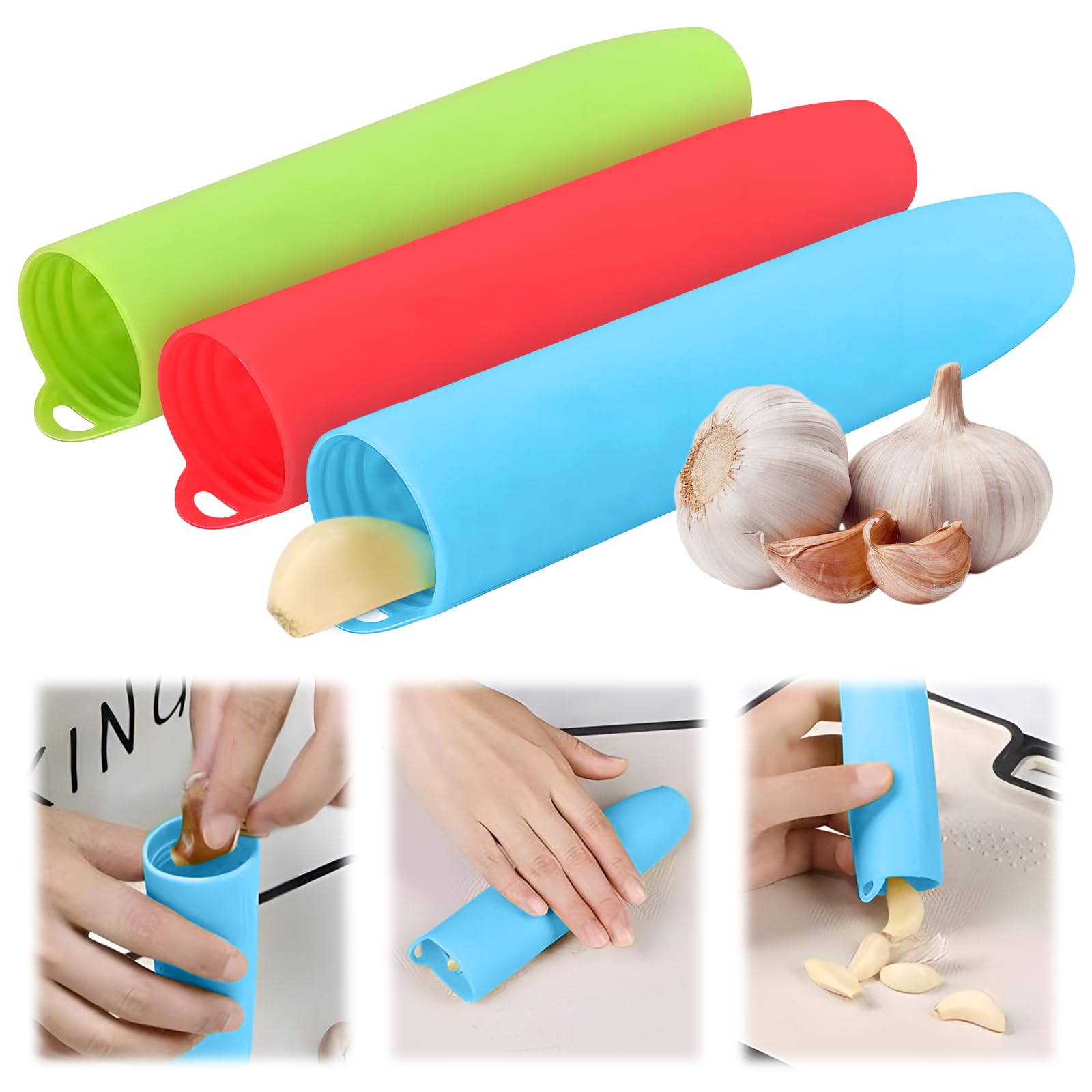 Generic DSP001 éplucheur d'ail en silicone ; Lot de 3 ; Tube d'épluchage d'ail ; Silicone de qualité alimentaire, sans BPA, pas de décoloration, agréable au toucher.