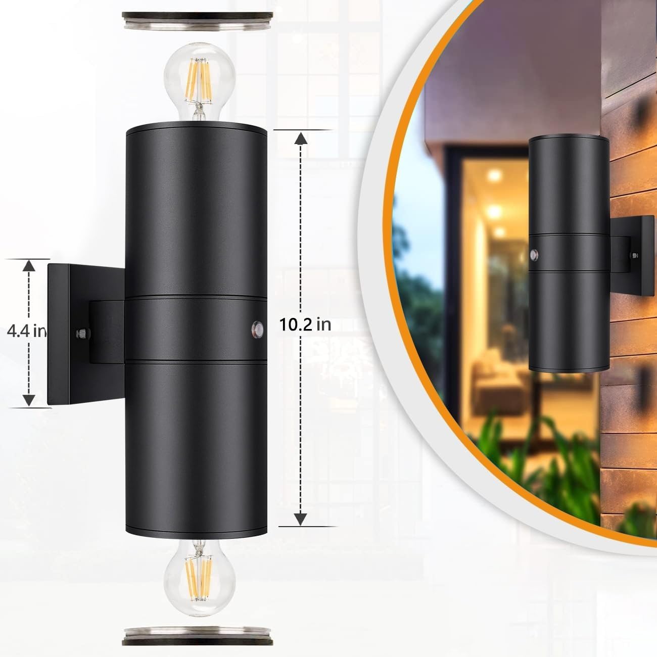 4 Pack Outdoor Wall Light with Dusk to Dawn Sensor, Waterproof Exterior Light Fixture Wall Mount Cylinder, Anti-Rust Up and Down Porch Lighting Black Outside Lights for House Patio Entryway