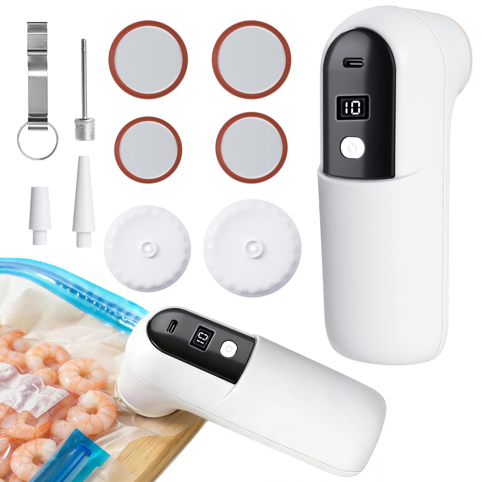 6 IN 1 Vakuumiergerät Set, Mini Handvakuumierer, Vakuumierer für Einmachgläser mit 4 Deckeln und 3 Düsen,Quick-Fill Inflator Deflator für Gläser, Vakuumbeutel, Luftbett,USB-Aufladung