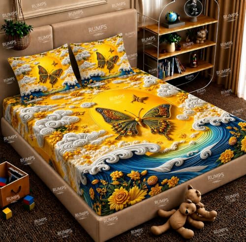 Image of RUMPS 7D HD Digital Printed Butterfly King Size Bedsheet with 2 Pillow Covers | Yellow Floral Ocean Theme Bedding Set 90x100 Inch