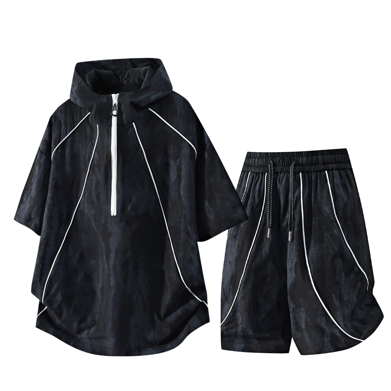 Men's Color Block Hooded Sport Set American Thin Short Sleeve T-shirt Shorts Loose-Grey-S