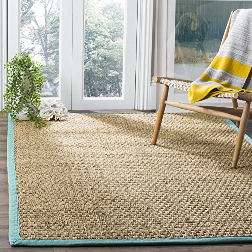 Safavieh Natural Fiber Collection NF114R Basketweave Natural and Teal Summer Seagrass Area Rug