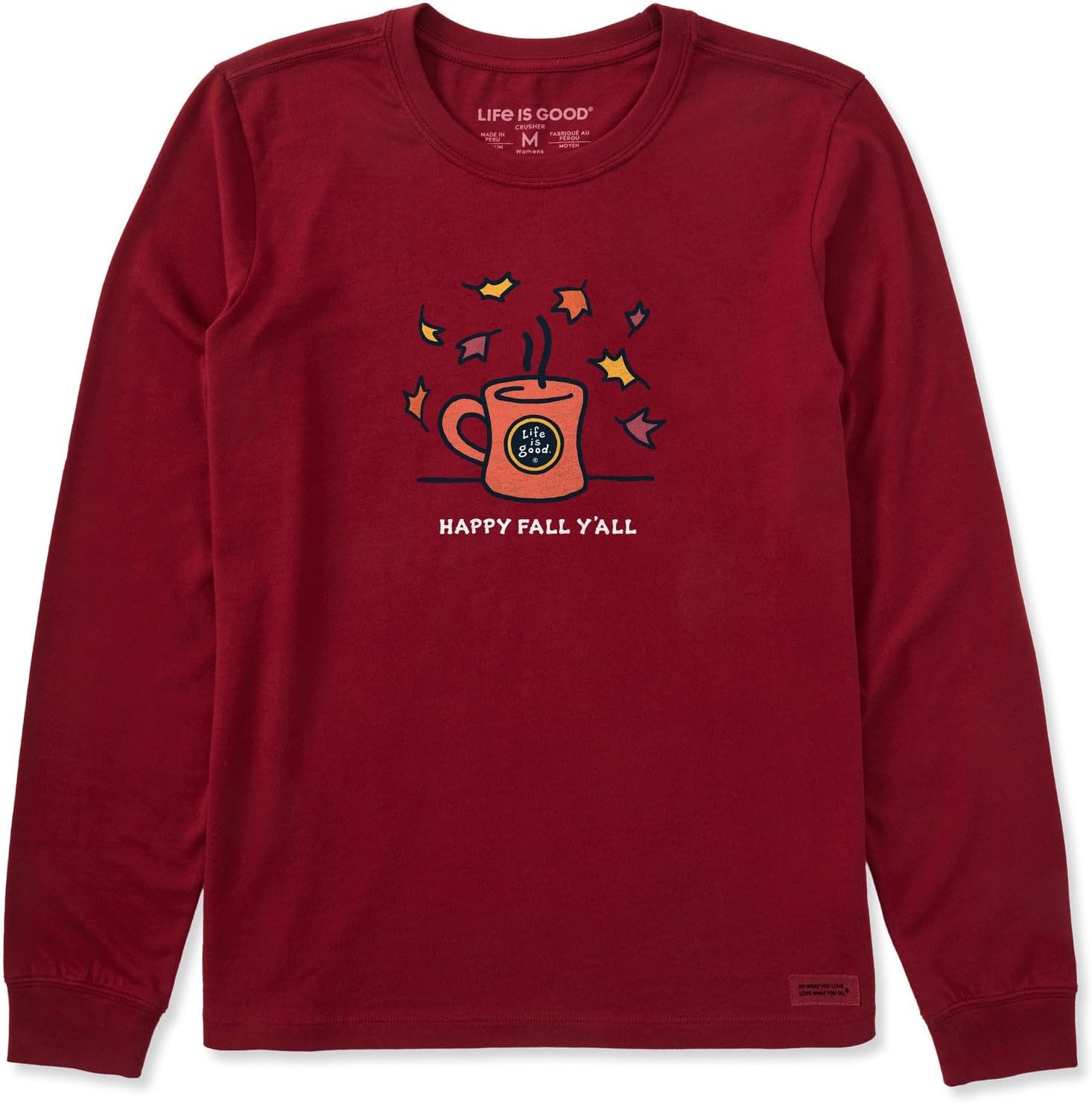 Life is Good. Women's Happy Fall Y'all Mug Long Sleeve Crusher Tee, Adirondack Red