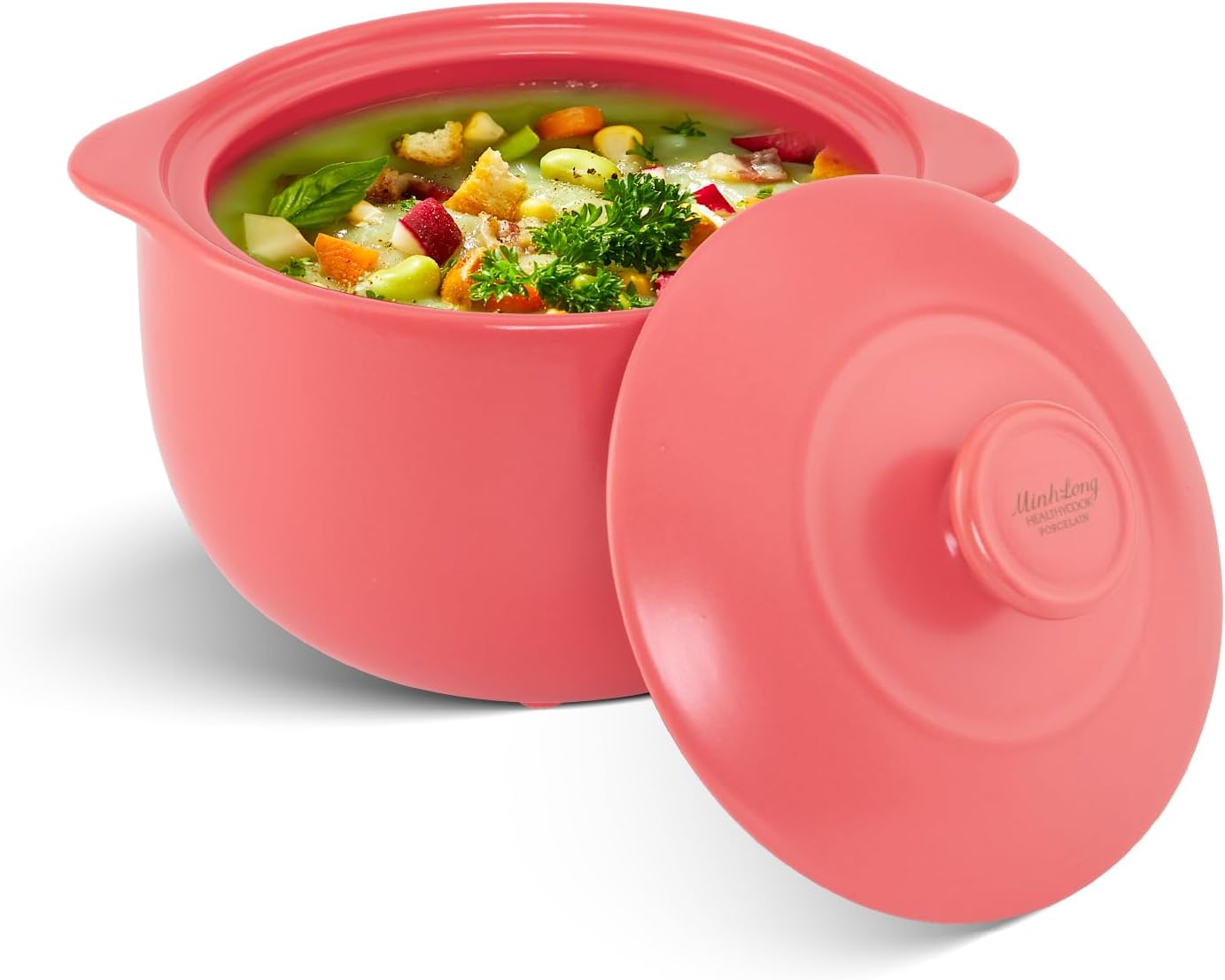 MINH LONG 1-Qt Porcelain Dutch Oven with Lid  Lead & Cadmium Free, Oven Safe to 482F, Heat Retention, Clay Pot for Cooking on Gas & Infrared Cooktop, Use to Marinate, Cook, Bake, Refrigerate & Serve