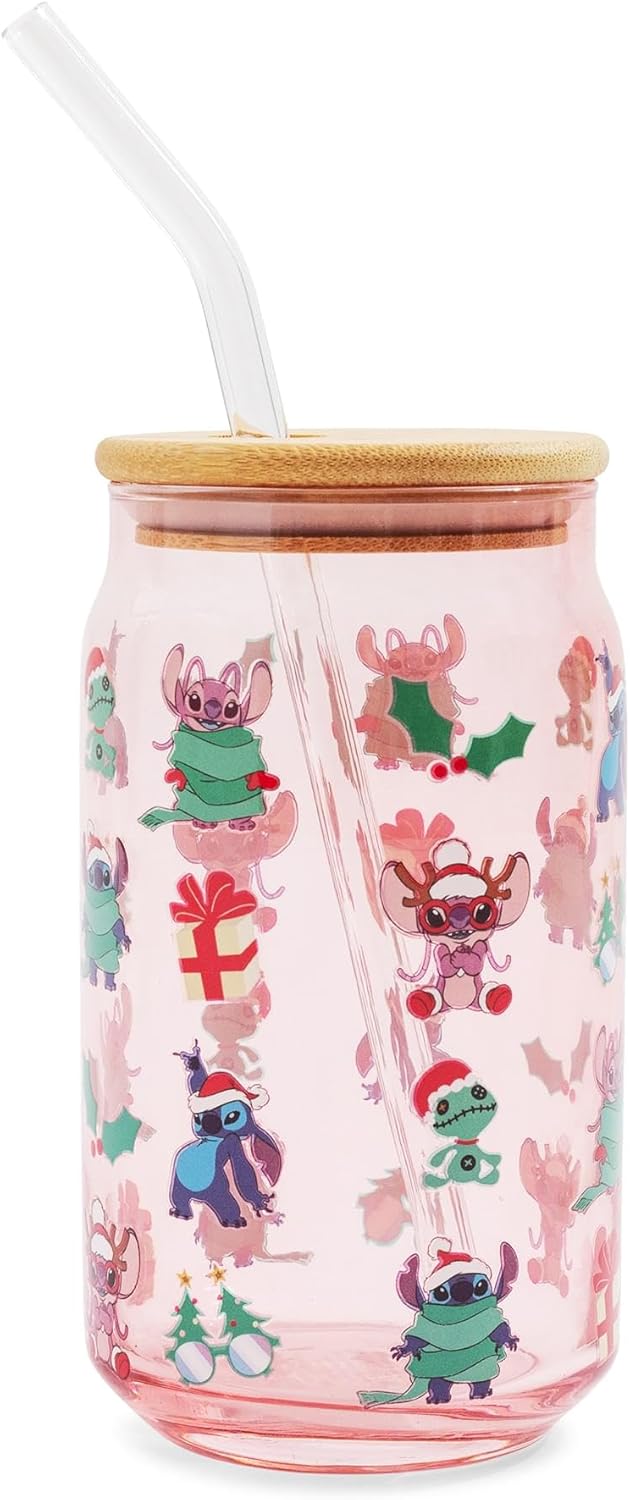 Disney Lilo & Stitch Holiday Glass Tumbler With Bamboo Lid and Reusable Glass Straw | Holds 16 Ounces - Image 3