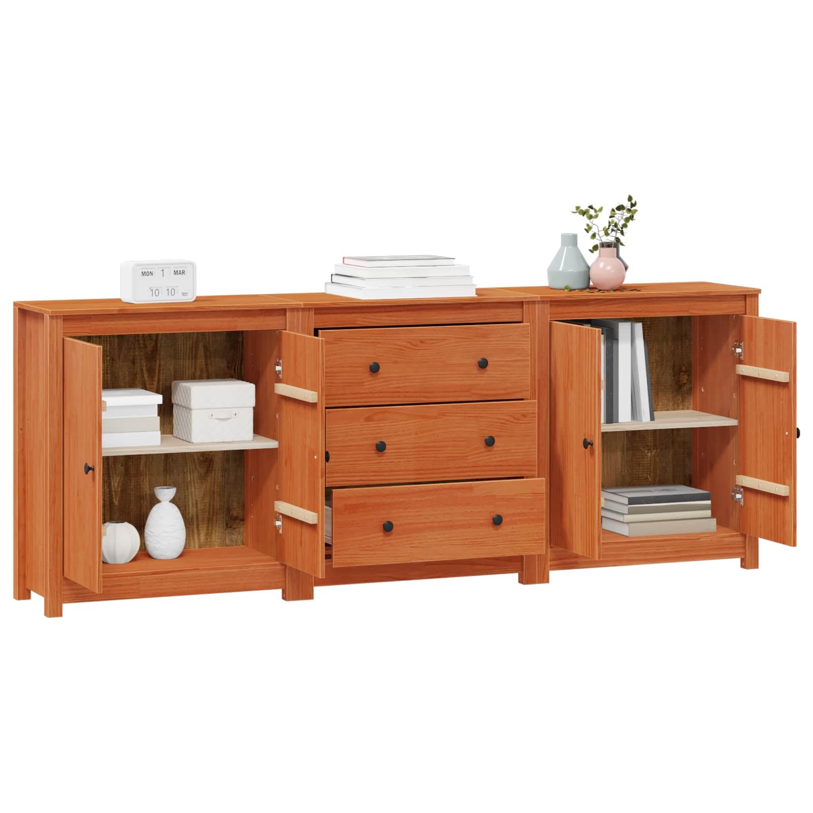 Set di 3 credenze in legno massello di pino marrone cerato, 210 cm
