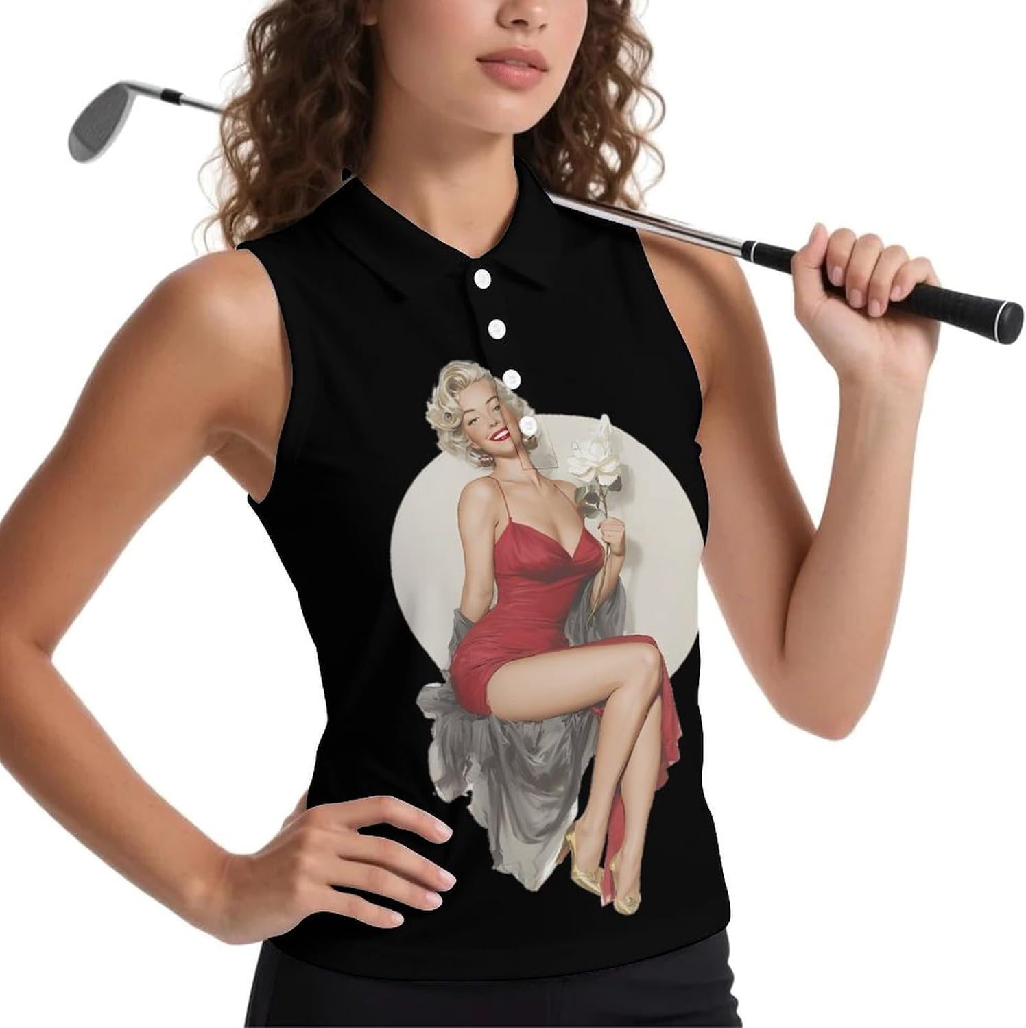 Girl with Rose Golf Polo Shirt Tank Tops Running Vest for Women | Sleeveless Summer Buttons V-neck Tshirts Slim Breathable Athletic Blouses