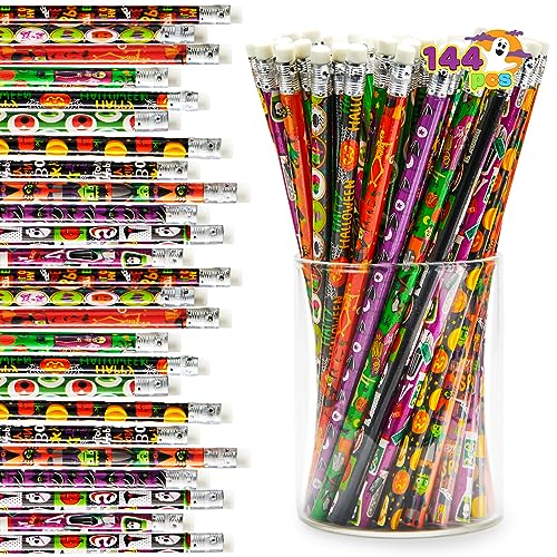 JOYIN 144 PCS Halloween Pencils with Eraser, 12 Designs Halloween Stationery Set for Kids Gifts Prizes, Wooden Drawing Pencils, Classroom Party Favor Supplies, Trick or Treat Goodies Bags Fillers