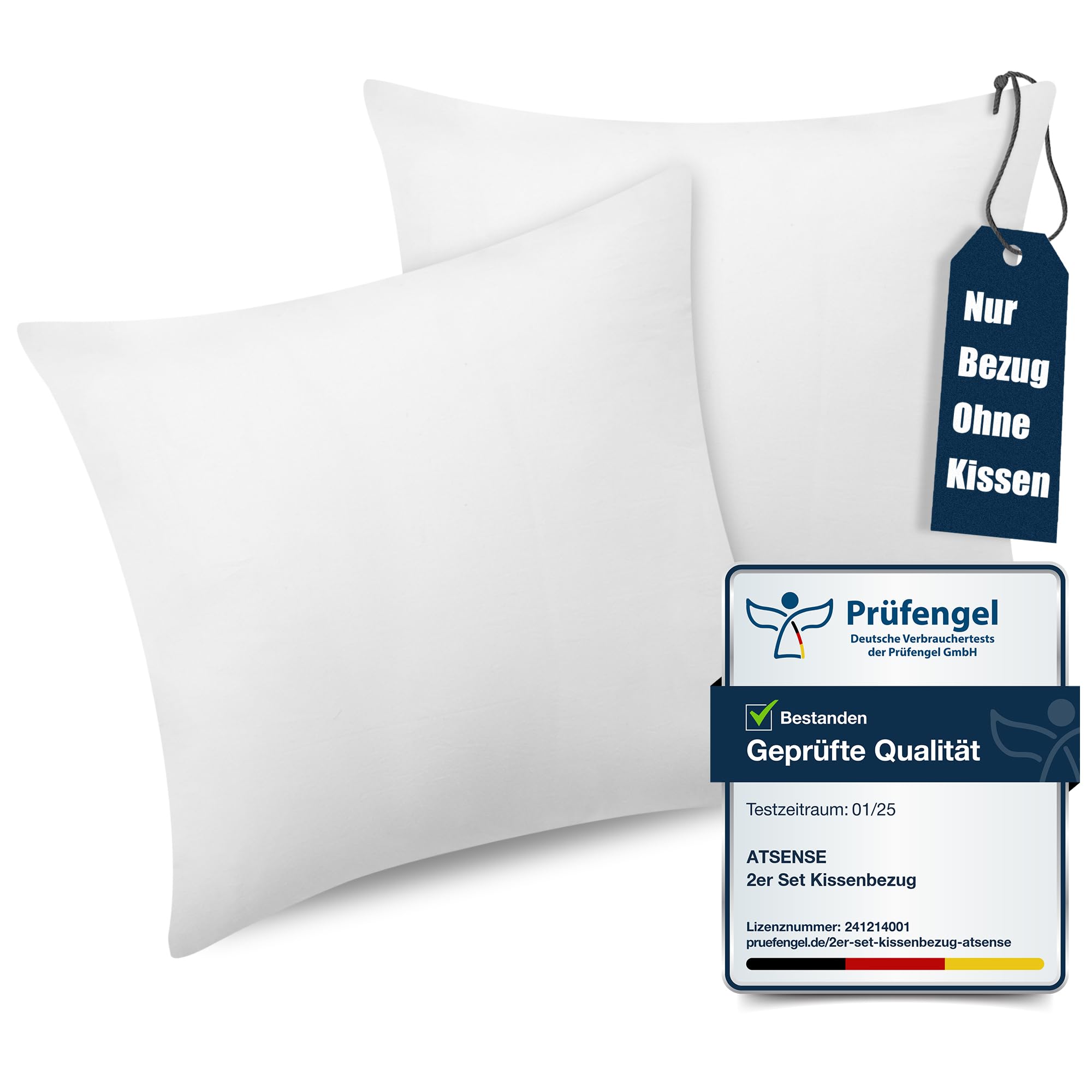 ATsense 2er Set Kissenbezug 40x40 cm - 100% Gewaschene Baumwolle, Weiß Kopfkissenbezug mit Reißverschluss, Oeko-TEX Zertifiziert Weich, Nicht Lleicht Verformbar