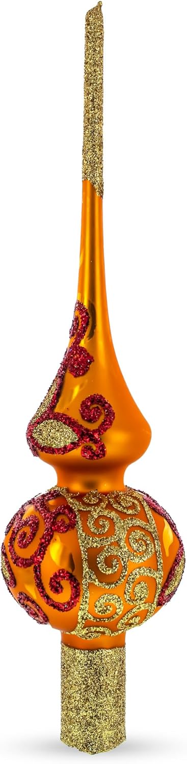 Sparkling Leaves on Gold Mouth Blown Glass Christmas Tree Topper 11 Inches