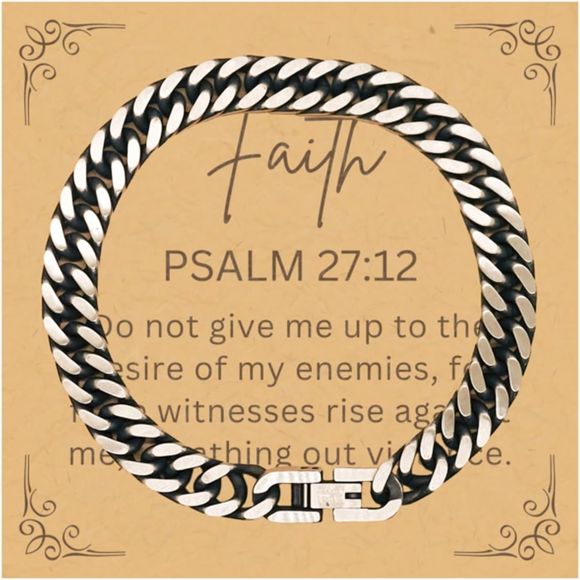 Gifts For Christian Bible Verse - Psalm 27:12 - Cuban Link Bracelet Faith Gifts For Son Dad Brother Nephew Boyfriend Husband, Religious Jewelry Bracelet Message Card Box
