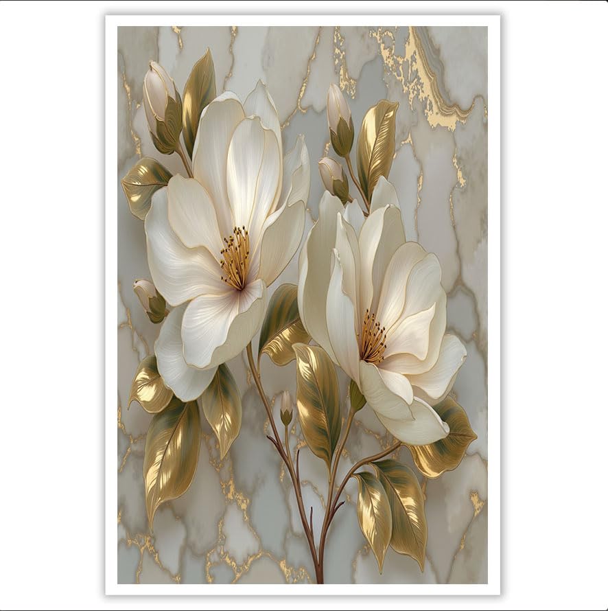 ZISTRCBAO Cuadros Decoracion Hojas Doradas Y Flores De Magnolia, 40×50 cm Grandes Laminas Decorativas Pared Dormitorios, Lienzos Decorativos Pared Lujosas Flores En Relieve Wall Art Comedor Pasillo