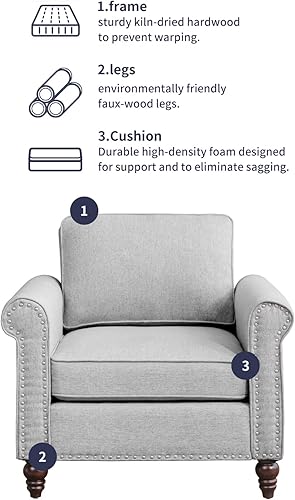 Miniatura 4 de Sillón, sofá gris claro de 1 asiento para sala de estar, sofá moderno de mediados de siglo con marco de madera maciza y 4 patas en forma de