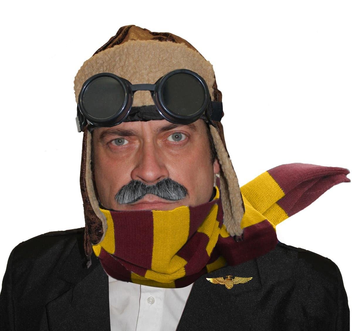 Adults VE Day 1940s Aviator Fancy Dress Set - Brown Aviator Hat Ww2 Pilot Fancy Dress Cap Distressed Leather Look Fancy Dress Accessory - Striped Scarf, Hat And Goggles (Maroon/Gold)