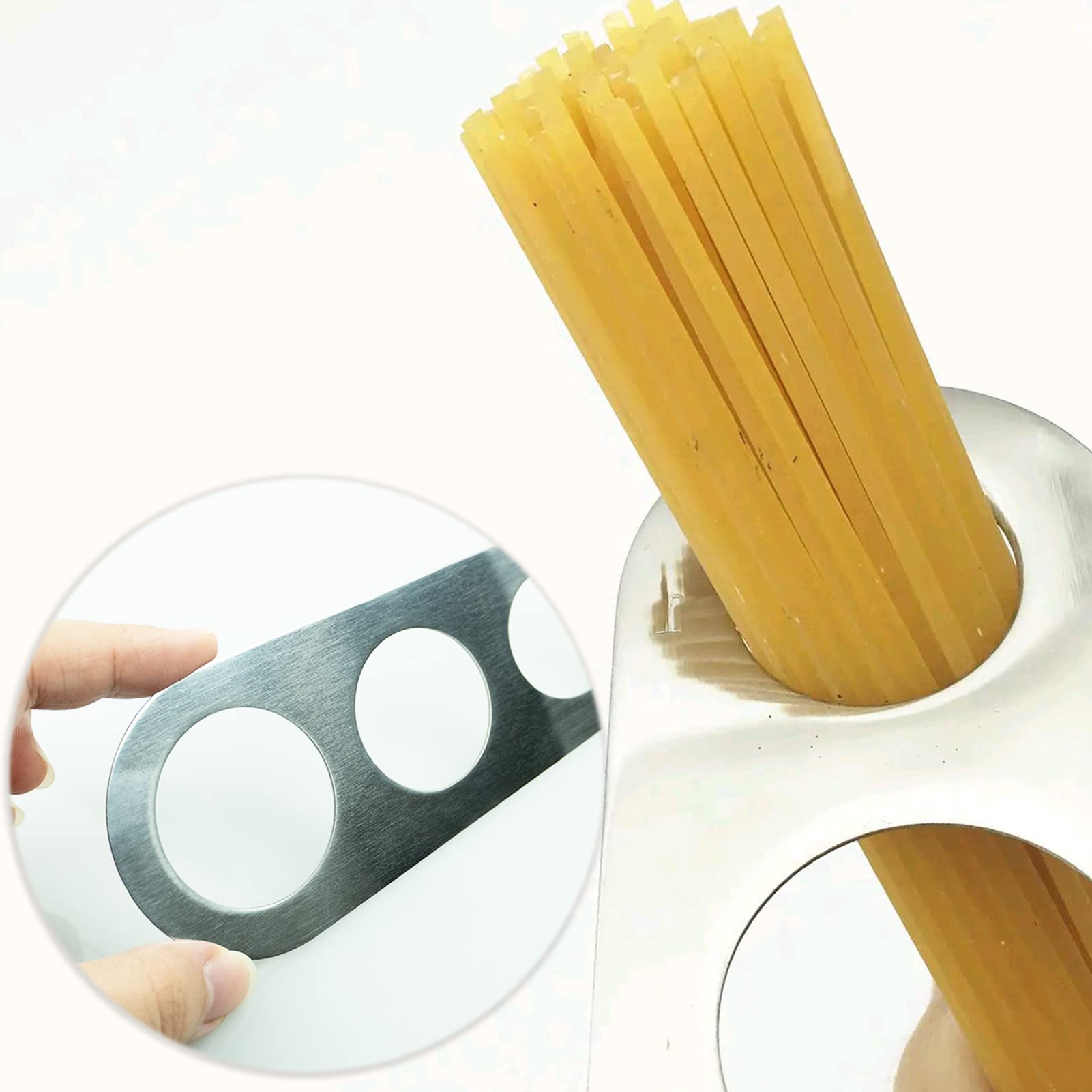 LAMXD Medidor de espaguetis de acero inoxidable de 4 agujeros, medida de pasta, cocina pasta, regla, medida, control de porciones