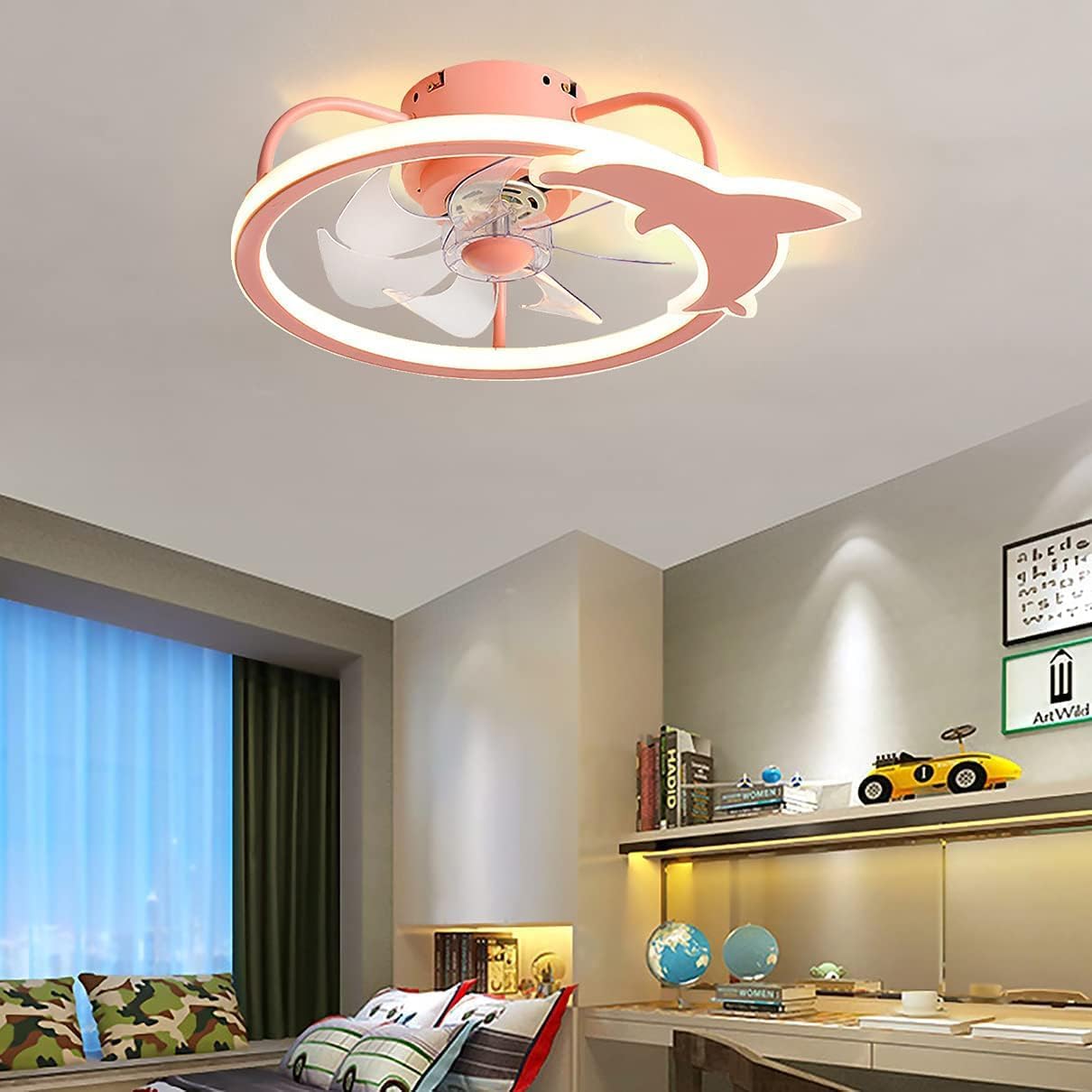 Nordic Pink Ceiling Fan Light Reversible Fan Ceiling Lamp and Remote Control Kids Ceiling Lights Silent Bedroom LED Dimmable Ceiling Fan Light Ultra-Thin Living Room Quiet Fan Ceiling Light