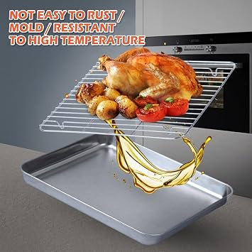Baking Sheets and Racks Set (Pan+ Rack) Stainless Steel Baking Pan Chef Cookie Sheet with Wire Rack Set for Oven and Dishwasher Cooling Rack Set (Silver)