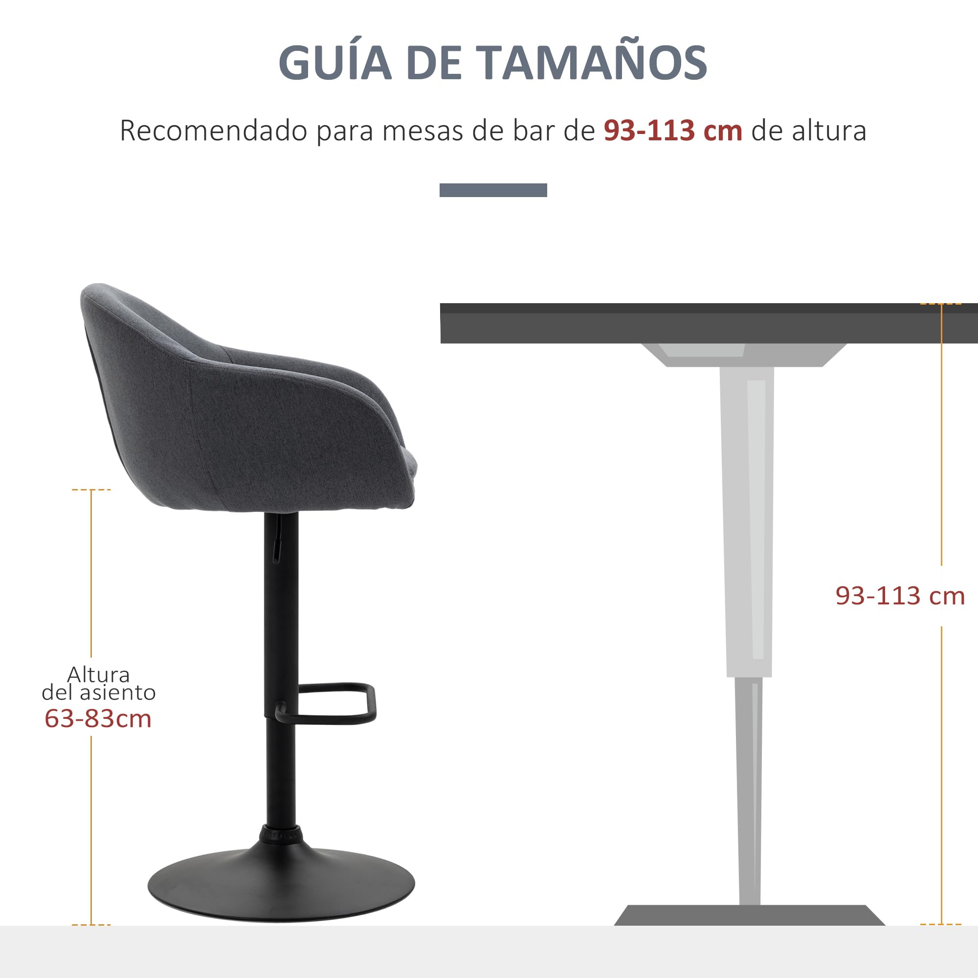 HOMCOM Taburete Alto de Cocina Pata de Acero 54x54x92-112 cm Gris Oscuro | Regulable en Altura, Taburete de Bar, Tapizado de Tela, Reposapiés, Carga 110 kg