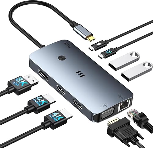 Estación de acoplamiento USB C Adaptador de monitor HDMI dual, Selore USB C Hub 3 monitores con doble HDMI, Displayport, VGA, carga PD de 100 W,