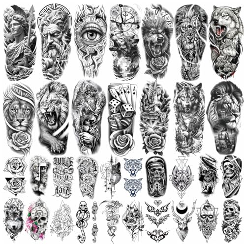 Image of MAYCREATE 34 Sheets Temporary Tattoo Sticker For Men Black Tattoo Stickers Waterproof Large Tattoos Sticker Set-Black