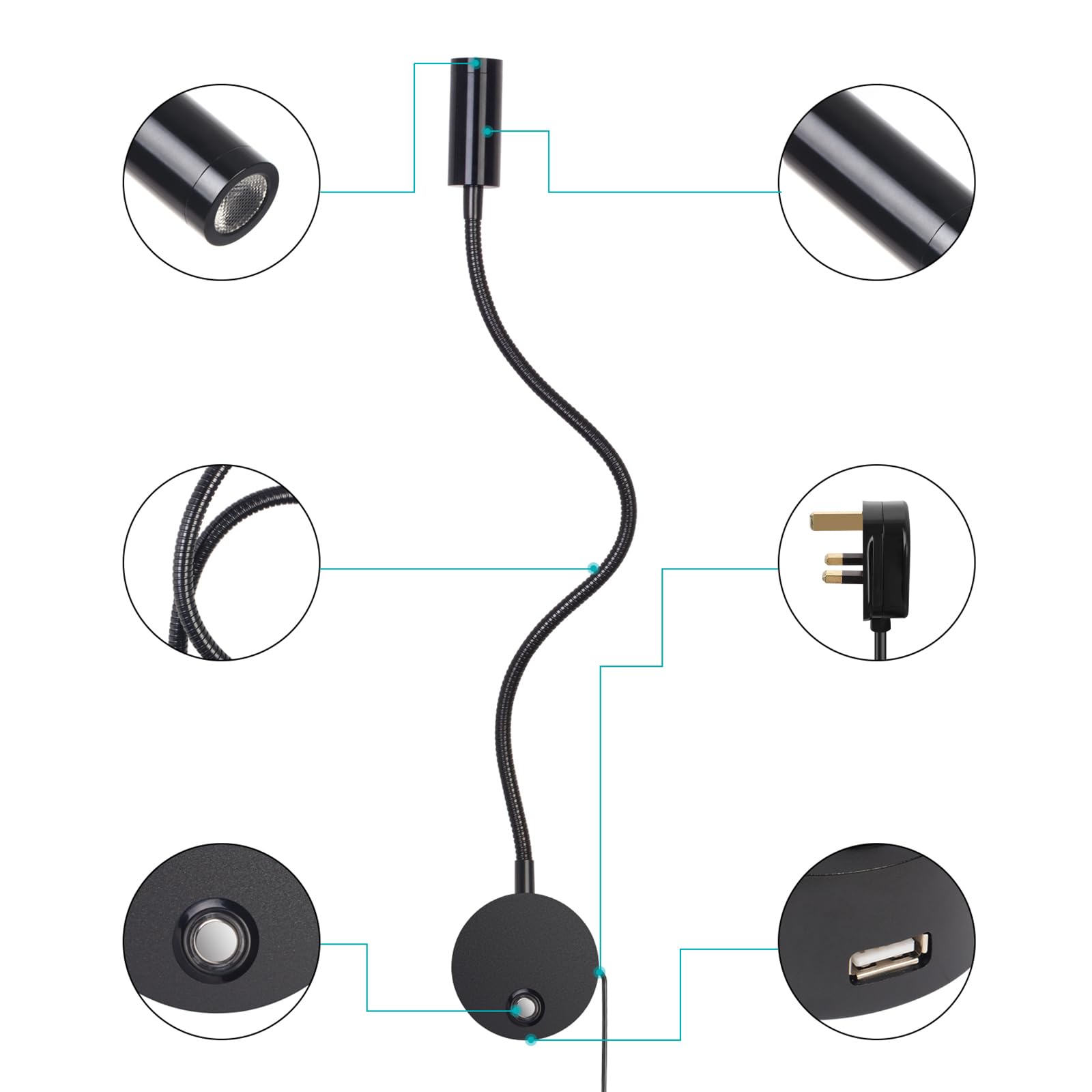ERWEY 2Pcs Reading Lamp Wall Mounted, LED Bedside Light with Switch Touch Dimmable and USB Charging Port - Image 4