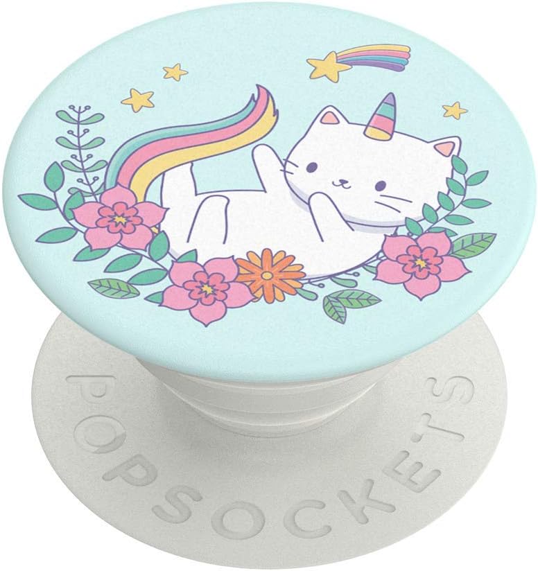 PopSockets PopGrip: Phone Grip and Phone Stand, Collapsible, Swappable Top, Rainbowcorn Cat