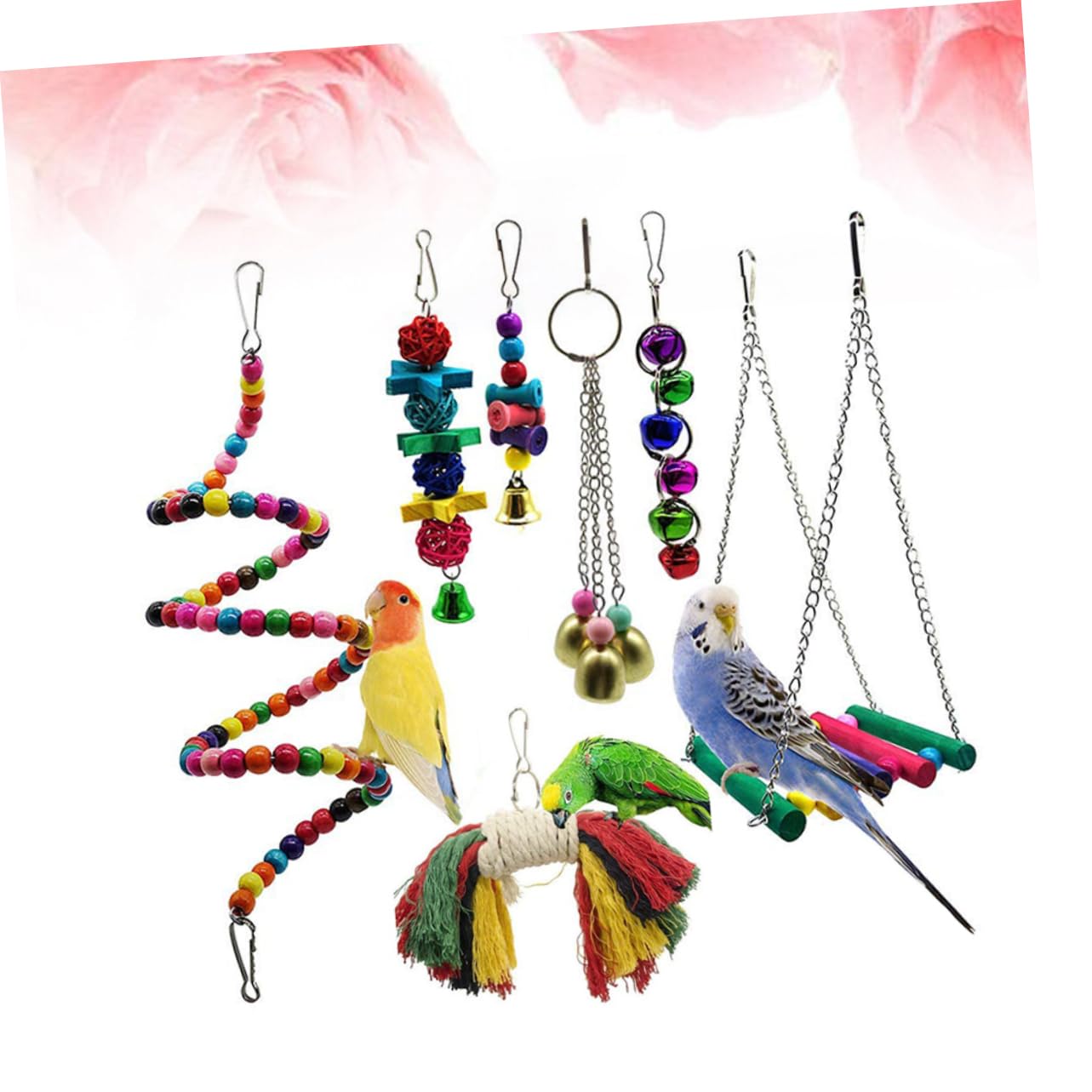 FRCOLOR Columpio de juguete para animales, 21 piezas, columpio de madera, suministros para loro, columpio, juguetes para jaulas de pájaros, juguetes para mascotas, ajuste giratorio de madera de bambú