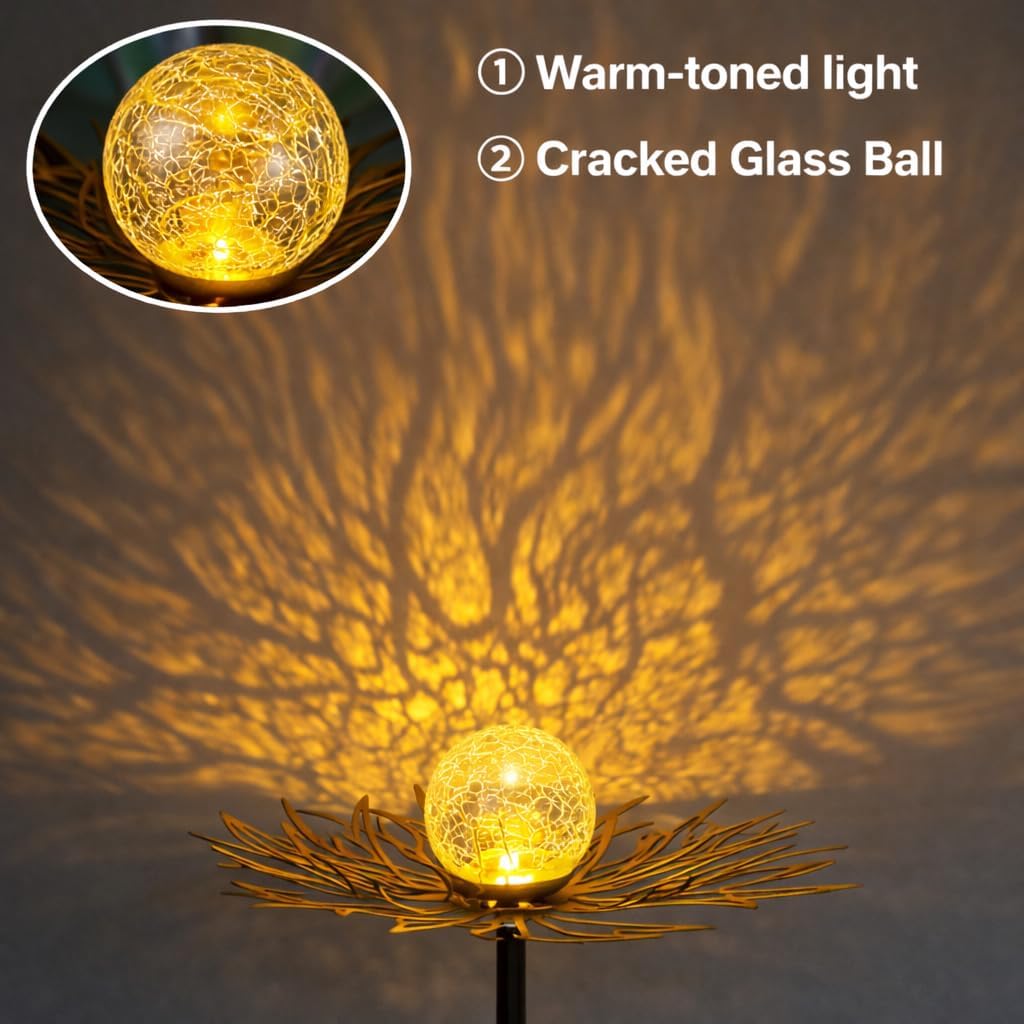 Solar Garden Lights Outdoor Decor, Metal Flower Stake Light with Warm White Crackle Glass Globe, Waterproof Decorative Solar Yard Art for Patio Lawn Backyard Pathway, Gardening Gift, Gold