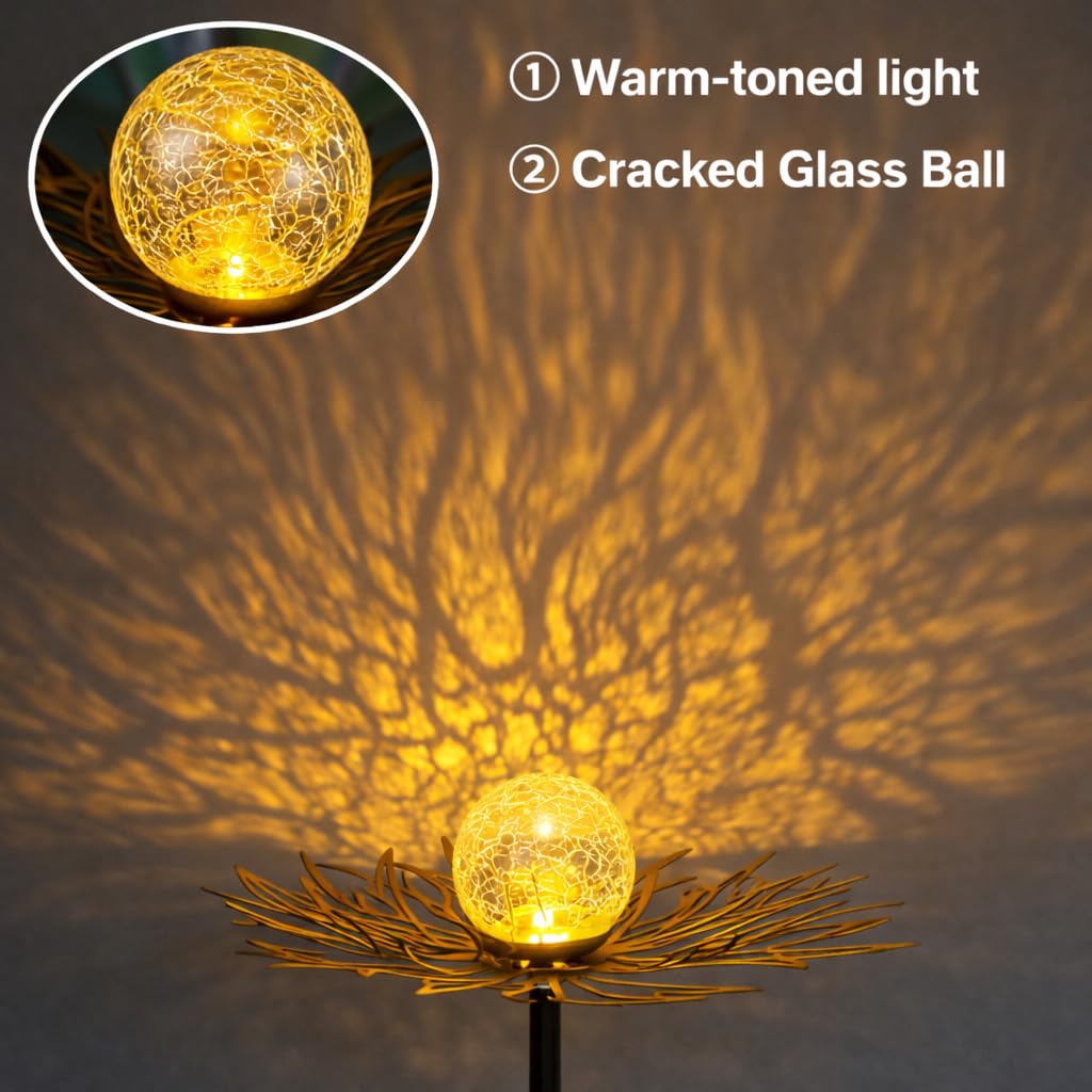Solar-Gartenleuchten für den Außenbereich, Metall-Blumenstecker mit warmweißer Glaskugel, wasserdicht, dekorative Solar-Hofkunst für Terrasse, Rasen, Hinterhof, Weg, Gartengeschenk (Gold)