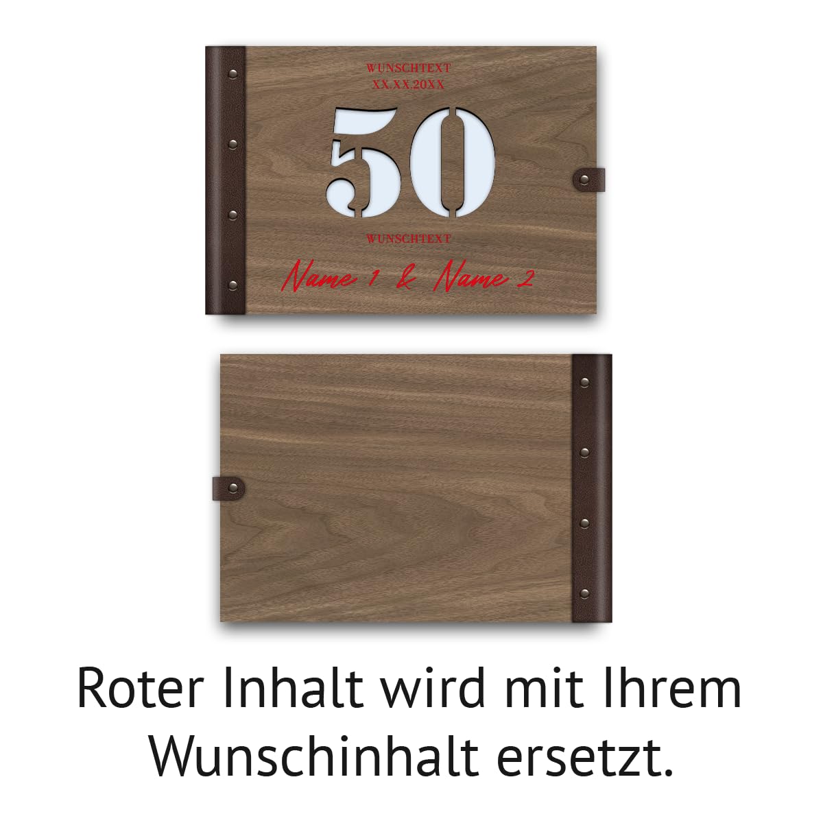 Personalisiertes Goldhochzeit Gästebuch aus echtem Holz selbst gestalten - 50 Jahre Stanze - mit 72 Blatt / 144 Seiten Naturpapier Weiß