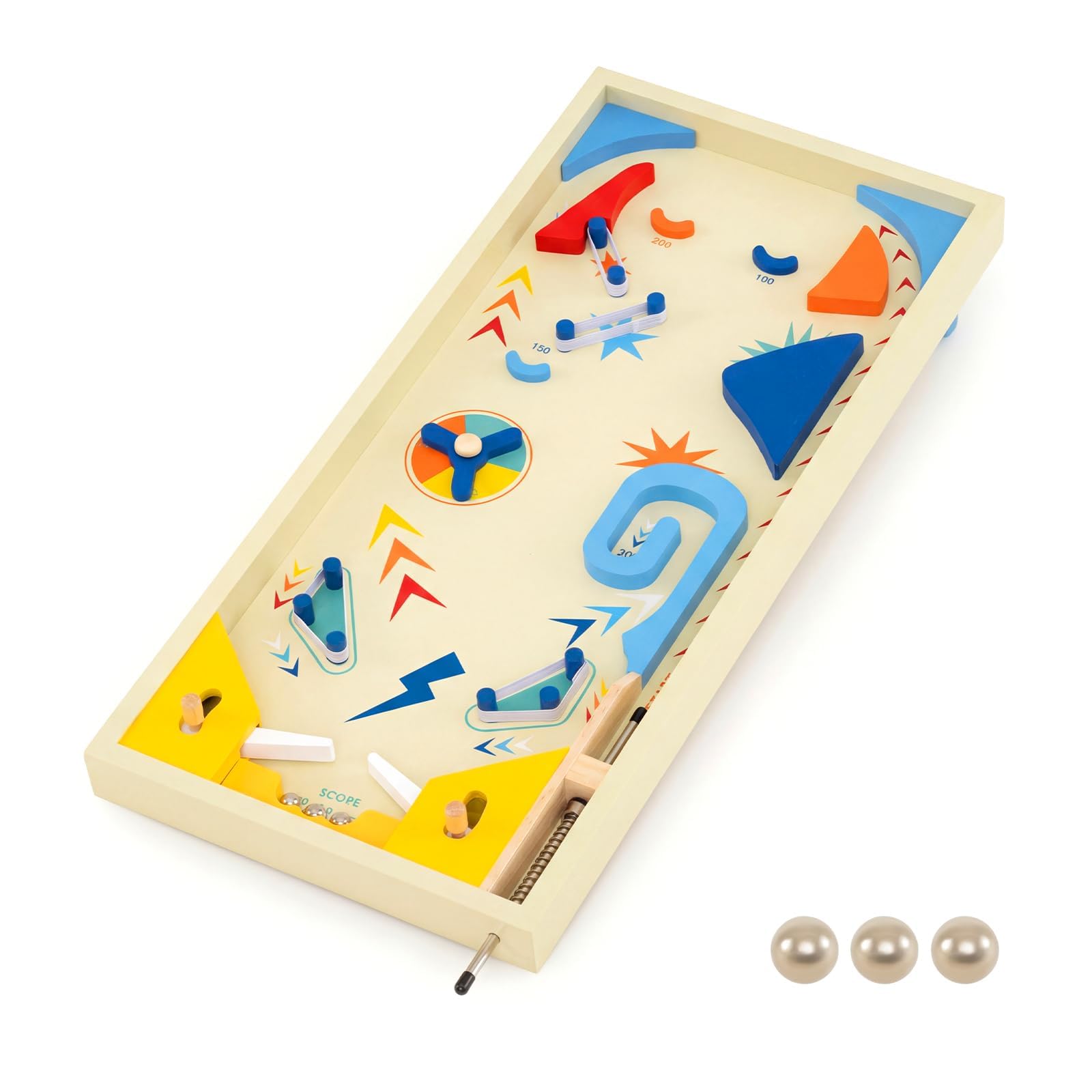 COSTWAY Flipper in Legno, Gioco da Tavolo Educativo con Pista Rotante per Punteggi e 3 Palline, Giocattolo Flipper Interattivo in Marmo per Ufficio Festa, per Bambini 6+ e Adulti