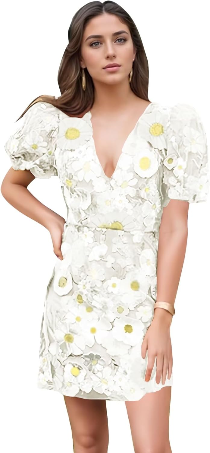 3D Floral Embroidery Homecoming Dresses Puffy Sleeve V Neck Tight Mini Prom Dress Party Cocktail Gowns