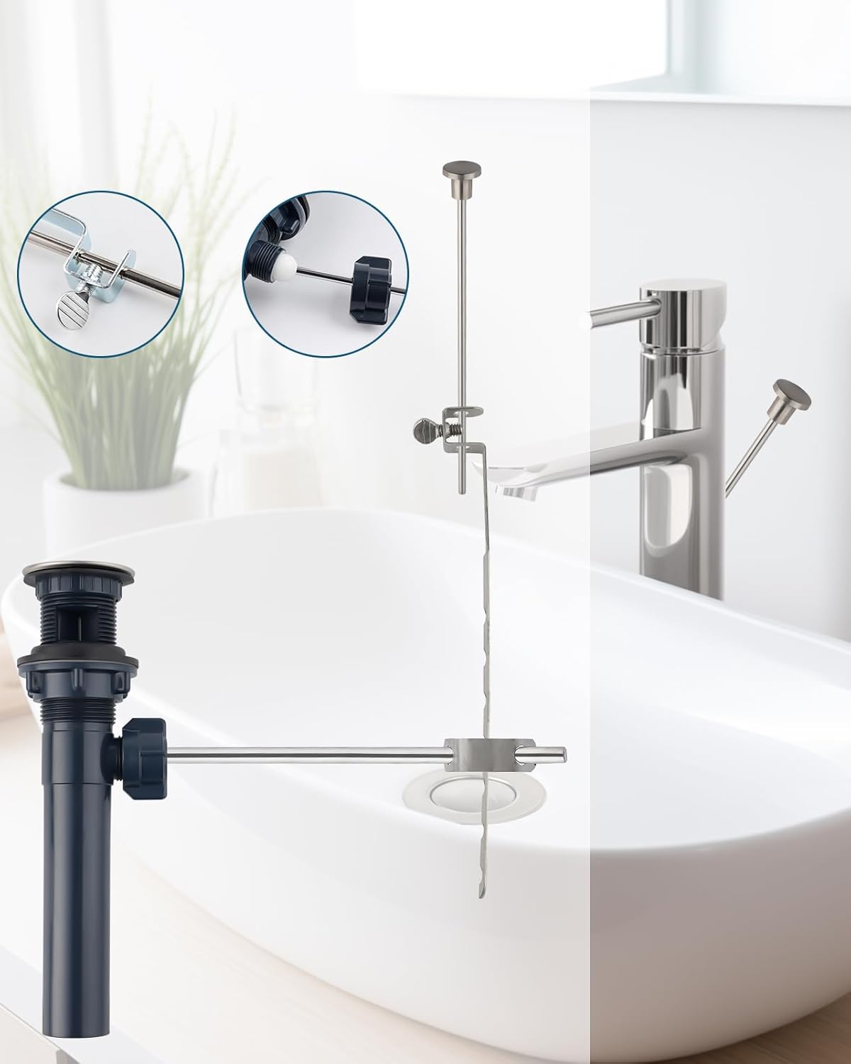 2PCS Bathroom Sink Drain with Lift Rod, Pop Up Sink Drain with Overflow, Universal Fit, Brushed Nickel Drain Stopper for Vessel Sink, Assembly for Bathroom Faucet Sink