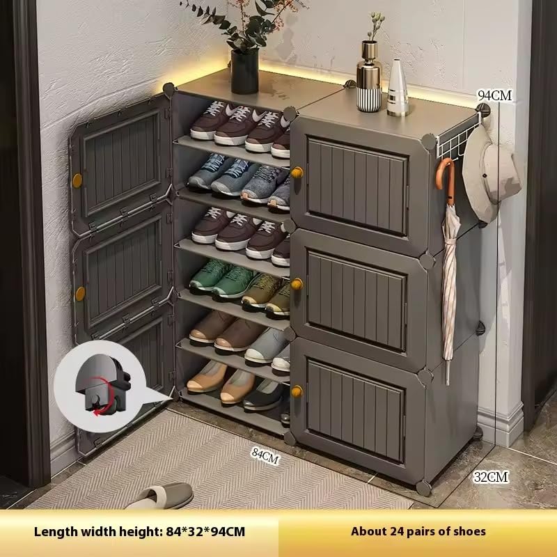 Image of Mevigo 12-Shelf Portable Shoe Rack for Home Plastic Shelves Household, DIY Shoe Rack Box with Door, Foldable Shoe Storage Stand with Dustproof Entryway for Heels /Slippers /Boots- Black-HA2