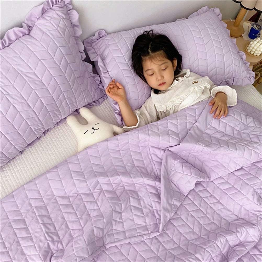 3pcs Set Summer Quilted Bedspread Quilt Set Full Size Ruffled Texture Bedspread Coverlet Set Teen Girls Summer Blanket with Pillowcases Lightweight Microfiber Yellow 150 * 200 (Purple 200 * 230)